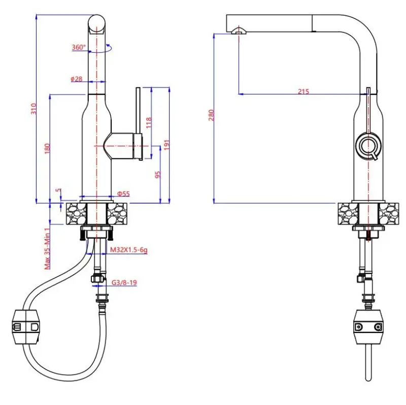 Quadri Stamford Keukenmengkraan Zwart met PVD koperen Afwerking en Uitneembare Uitloop 1208967689