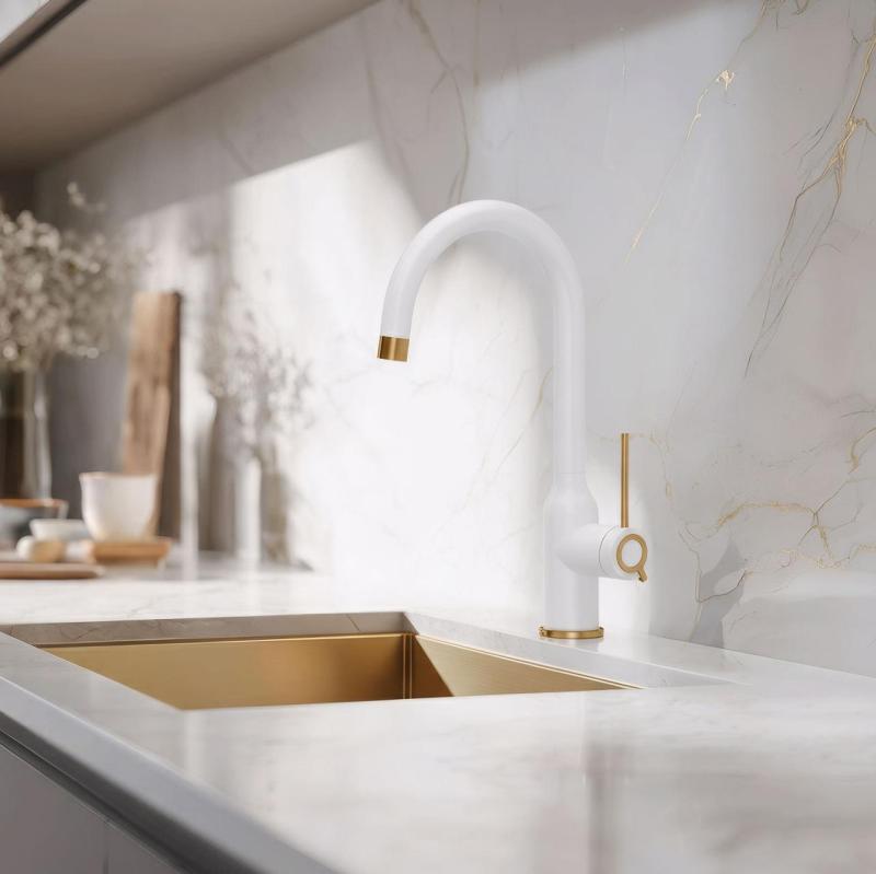 Quadri Stamford Keukenmengkraan Wit met Koperen Afwerking met Draaibare Ronde Uitloop 1208967711