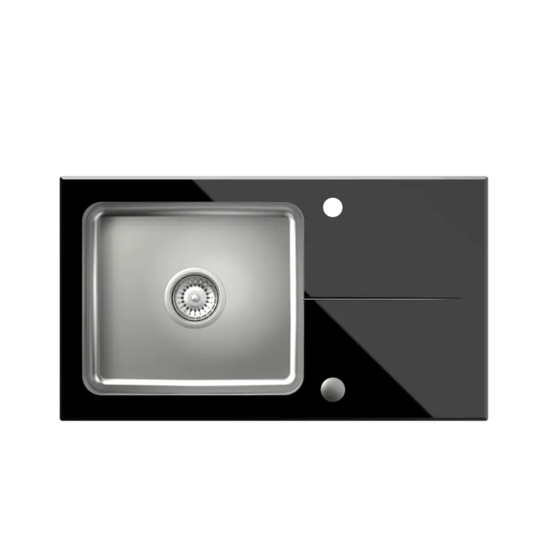 Quadri Glazz Set met Keukenkraan en Opbouw RVS Spoelbak met Zwarte Glazen Afdruipgedeelte - 77x44cm Omkeerbaar - 1208967734