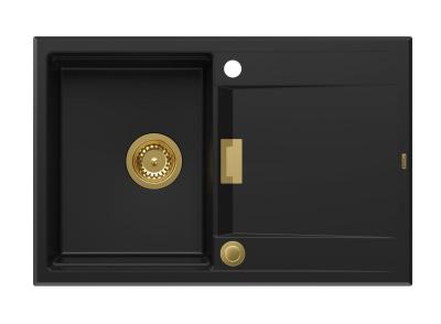 Quadri Minton Granieten Opbouw Zwarte Spoelbak 76x50cm met Afdruip Omkeerbaar en Goud Plug 1208967739
