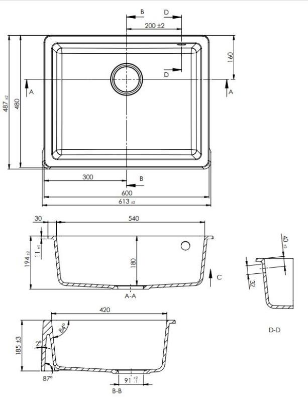 GraniteMy Tradition Landelijke Gootsteen Granieten Spoelbak 60x48 cm Zwart Onderbouw en Vlakbouw met Zwarte Plug 1208967936