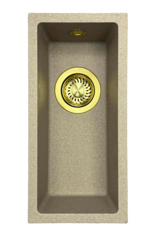 GraniteMy Universal granieten beige zand kleine spoelbak 17x40 cm opbouw onderbouw en vlakinbouw met gouden plug 1208968003