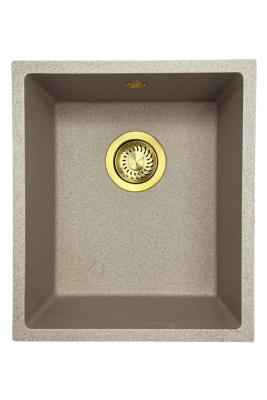 GraniteMy Universal granieten beige zand spoelbak 34x40 cm opbouw onderbouw en vlakinbouw met gouden plug 1208968008