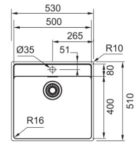 OUTLET Schadebak! Franke Maris MRX 210.50 spoelbak met kraangatbank vlakinbouw 53x51cm 1208968062 - Productafbeelding 2