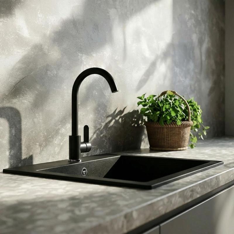 Graniteland Nera Granieten Spoelbak 45x42 cm Zwart Opbouw met Kraangatbank en RVS Plug 1208969985