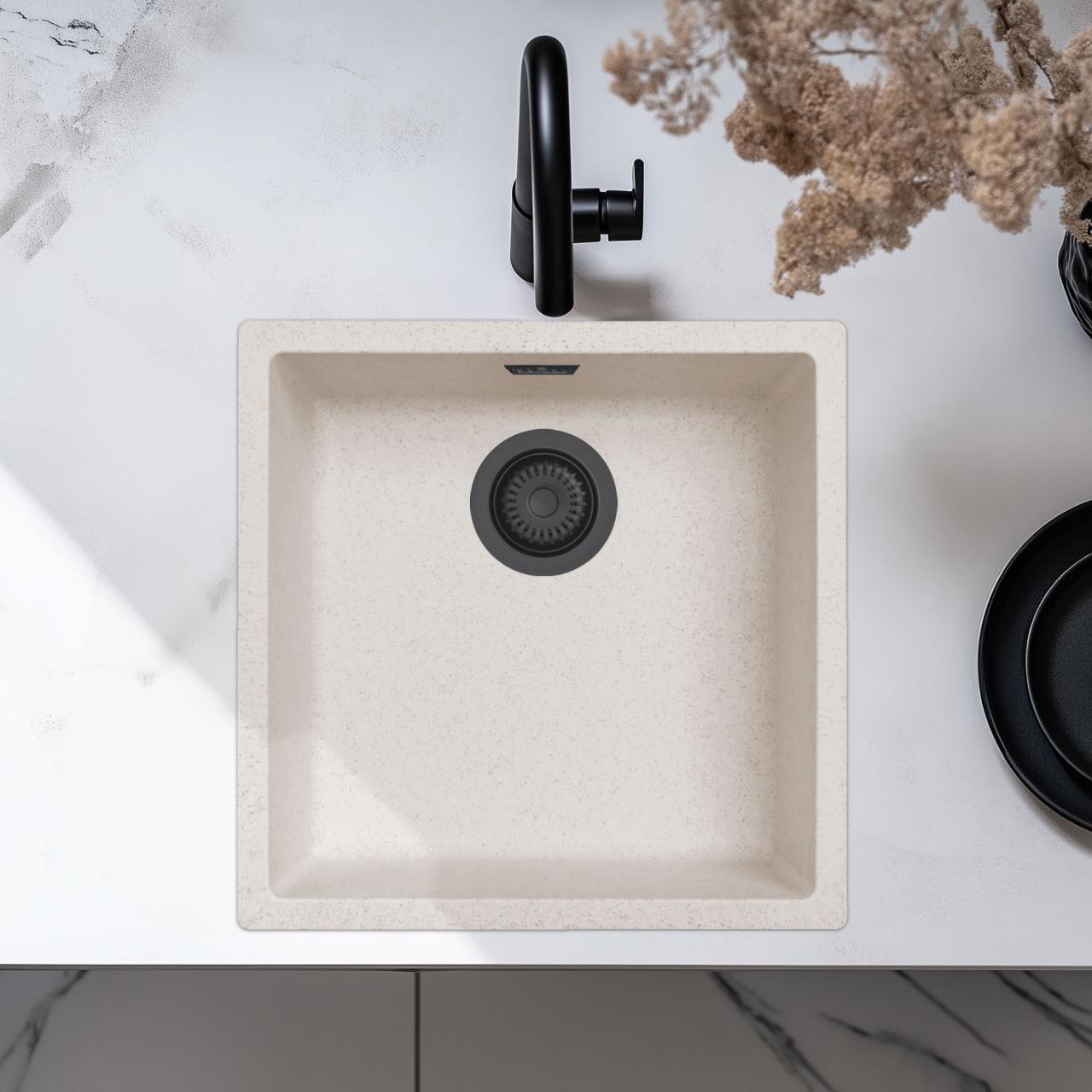 Zand Wit Creme Spoelbak 40x40 cm Onderbouw, Opbouw en Vlakinbouw met Mat Zwarte Plug 1208970540