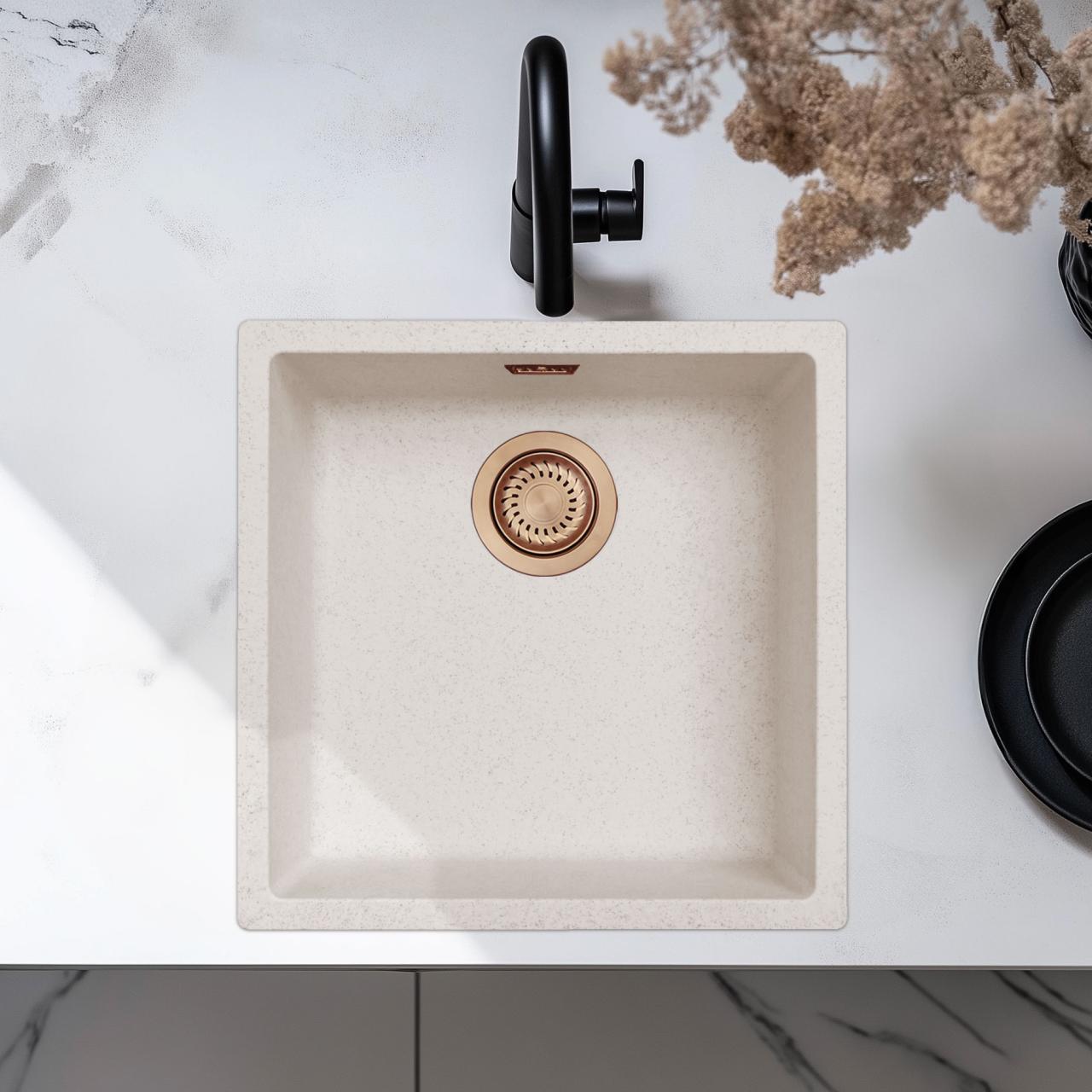 Zand Wit Creme Spoelbak 40x40 cm Onderbouw, Opbouw en Vlakinbouw met Koperen Plug 1208970543