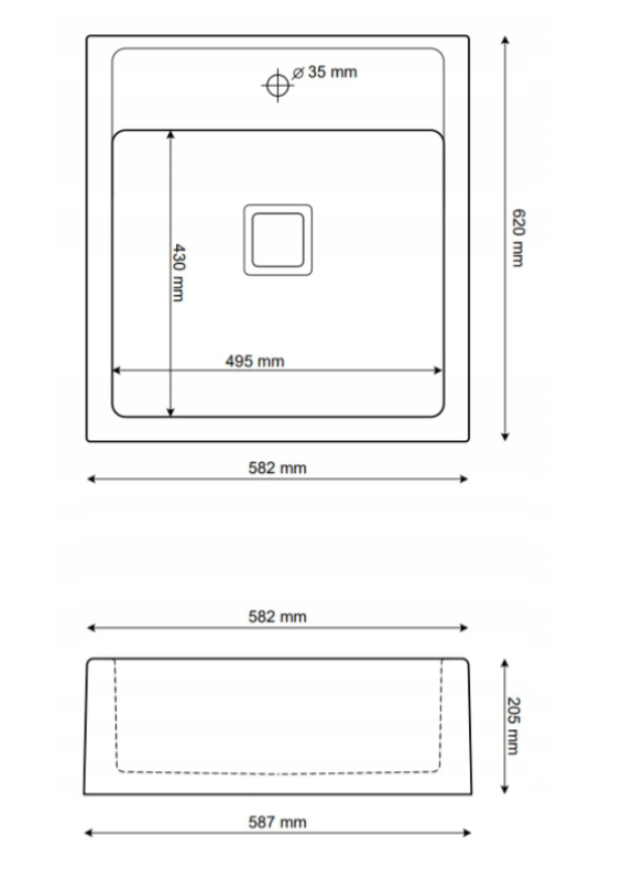 Graniteland Arno Granieten  Arduin hardsteen look Spoelbak tussenbouw 582x620mm met RVS vierkant Plug 1208970600