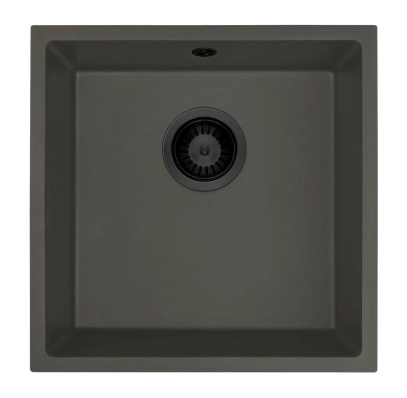GraniteMy Universal Granieten Grijs, donker Spoelbak 40x40 cm Opbouw, Onderbouw en Vlakinbouw met Zwarte Plug 1208970747