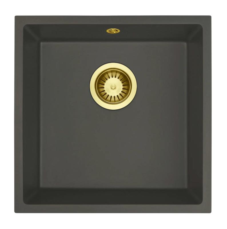 GraniteMy Universal Granieten Grijs, donker Spoelbak 40x40 cm Opbouw, Onderbouw en Vlakinbouw met Gouden Plug 1208970748