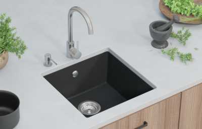 GraniteMy Universal Granieten Grijs Spoelbak 40x40 cm Opbouw, Onderbouw en Vlakinbouw met Zwarte Plug 1208970751