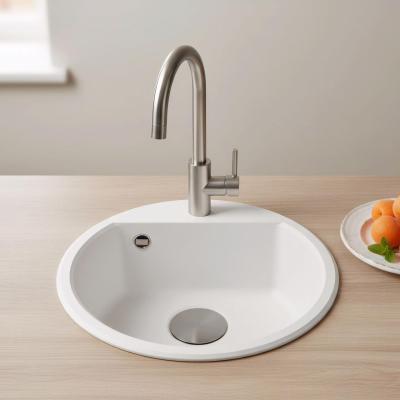 GraniteMy Bremen ronde granieten spoelbak 43 cm wit opbouw en onderbouw met kraangatbank met gun metal plug 1208971220