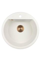 GraniteMy Bremen ronde granieten spoelbak 43 cm wit opbouw en onderbouw met kraangatbank met koper plug 1208971222