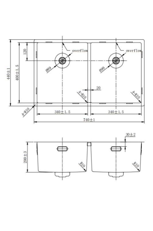 Pure.Sink Prestige Dubbele Gouden spoelbak 70x40 cm 10mm radius onderbouw, vlakbouw en opbouw PPG343440-60