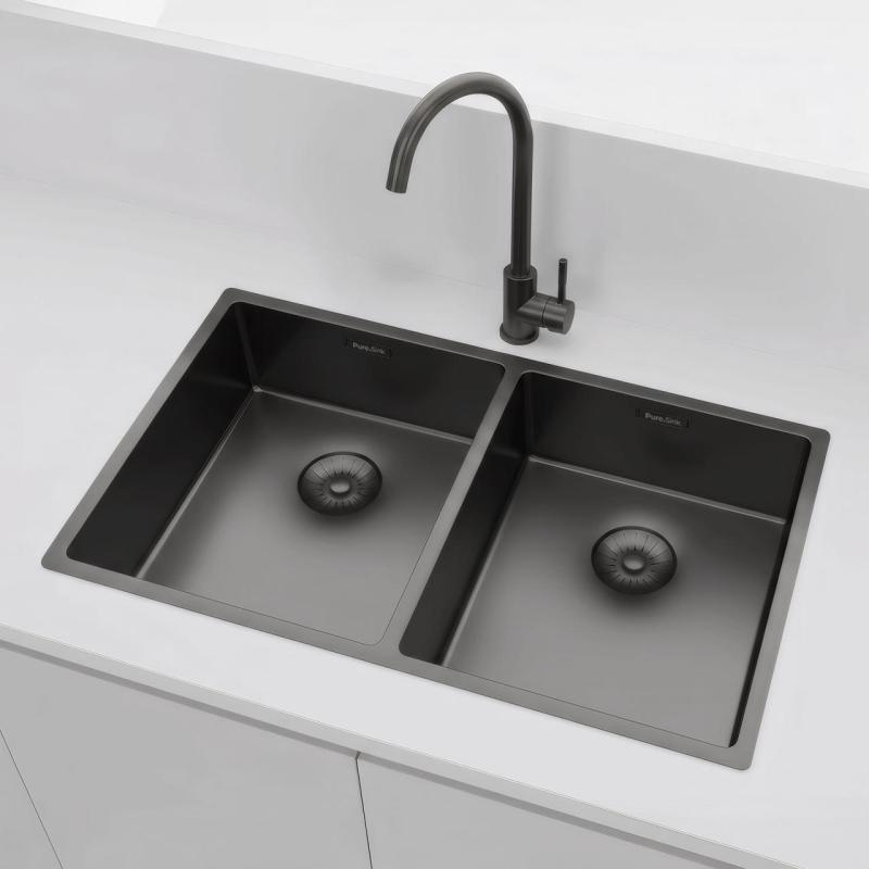 Pure.Sink Prestige Dubbele Gun metal spoelbak 70x40 cm 10mm radius onderbouw, vlakbouw en opbouw PPG343440-61