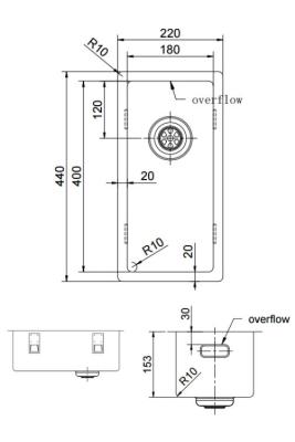 Pure.Sink Exclusivo kleine Koperen spoelbak 18x40 cm 10mm radius onderbouw, vlakbouw en opbouw PEX1840-62