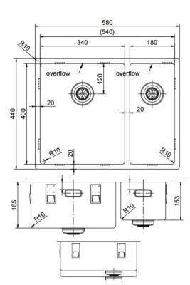 Pure.Sink Exclusivo Gouden 1,5 anderhalve spoelbak 34+18 cm 10mm radius PEX341840-60
