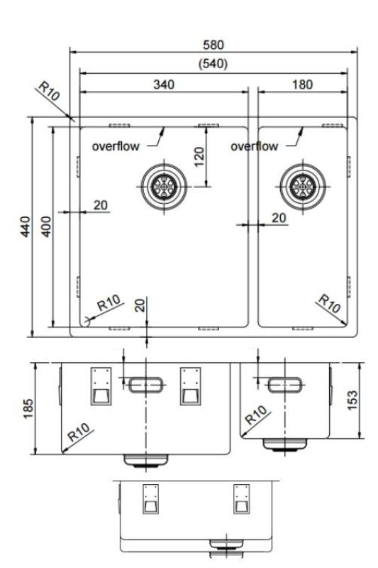 Pure.Sink Exclusivo Koperen 1,5 anderhalve spoelbak 34+18 cm 10mm radius PEX341840-62