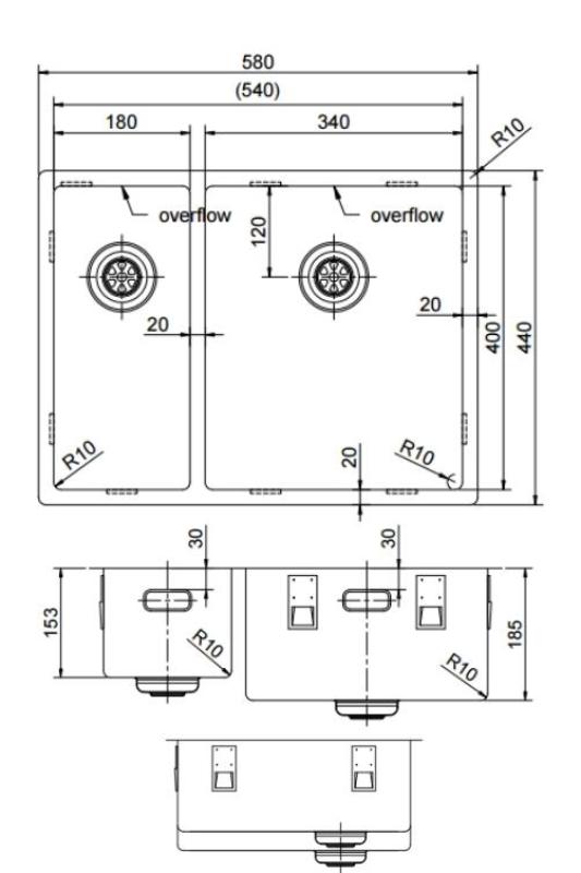 Pure.Sink Exclusivo Koperen 1,5 anderhalve spoelbak 18+34cm 10mm radius PEX183440-62