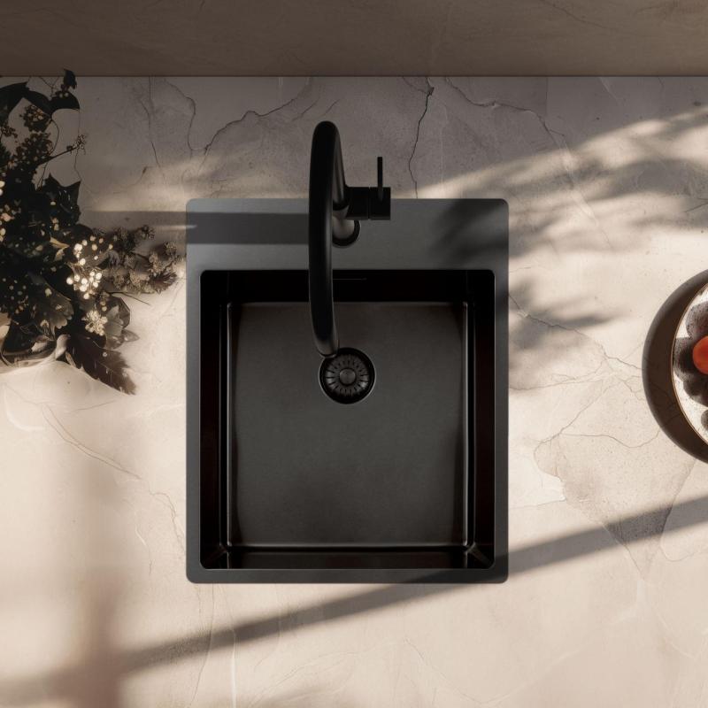 Pure.Sink Exclusivo Gun Metal spoelbak 44x52 cm Tapwing met kraangatbank 10mm radius PEX4040T-61