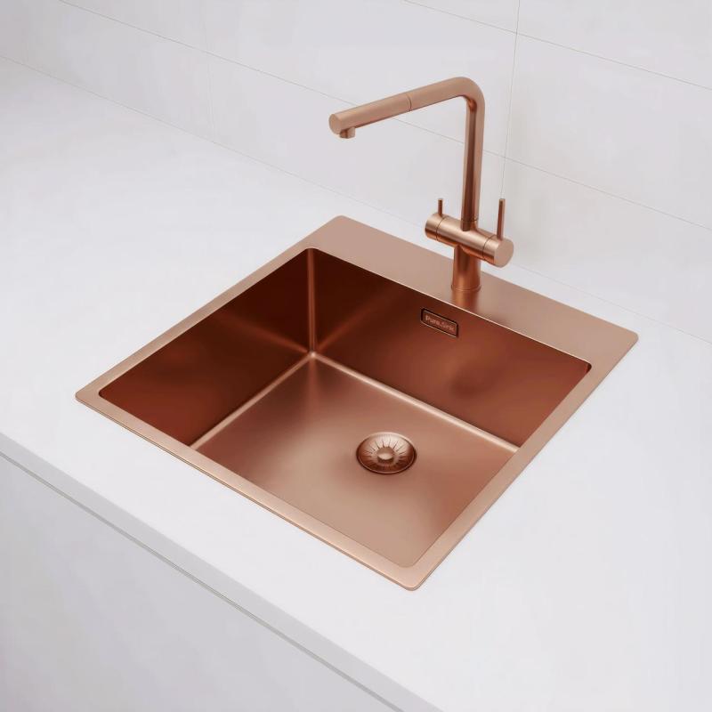 Pure.Sink Exclusivo Koperen spoelbak 49x52 cm Tapwing met kraangatbank 10mm radius PEX4540T-62
