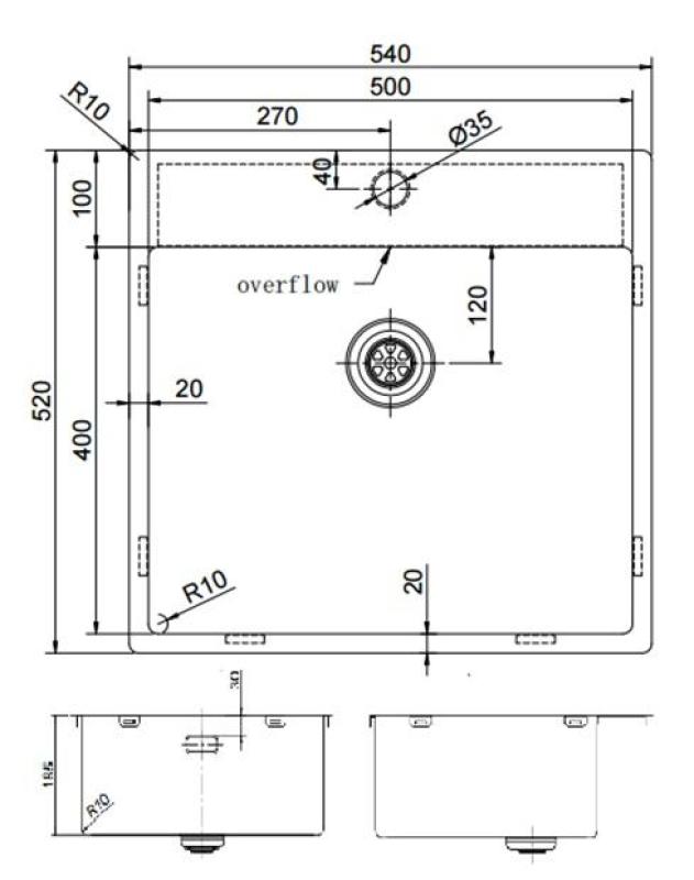 Pure.Sink Exclusivo Koperen spoelbak 54x52 cm Tapwing met kraangatbank 10mm radius PEX5040T-62