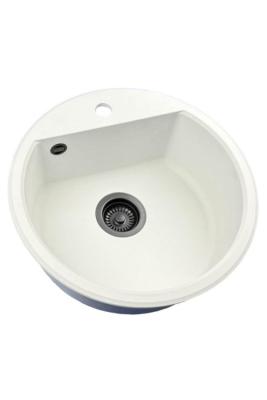 GraniteMy Bremen ronde granieten spoelbak 43 cm wit opbouw en onderbouw met kraangatbank met zwarte plug 1208971312