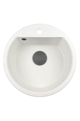 GraniteMy Bremen ronde granieten spoelbak 43 cm wit opbouw en onderbouw met kraangatbank met zwarte plug 1208971312