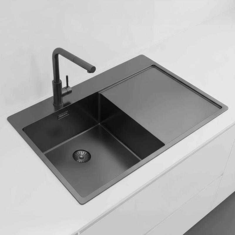 Pure.Sink Exclusivo Gun Metal spoelbak met afdruipgedeelte 78x52 cm Tapwing links PEX4078LT-61