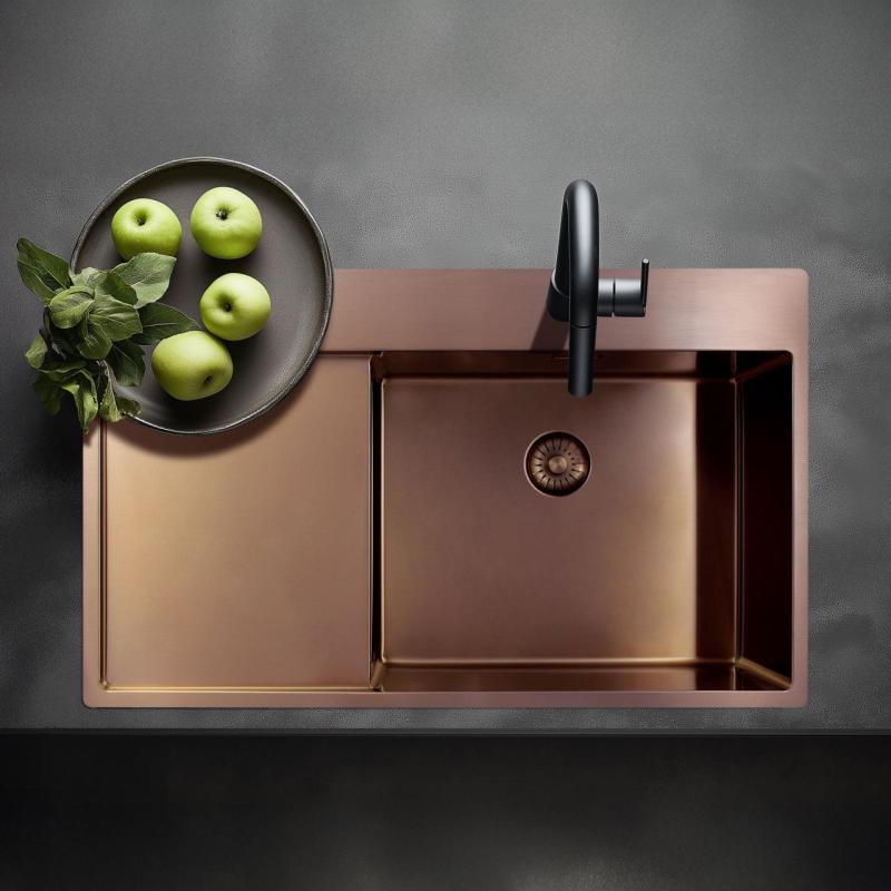 Pure.Sink Exclusivo Koperen spoelbak met afdruipgedeelte 86x52 cm Tapwing links PEX5086LT-62