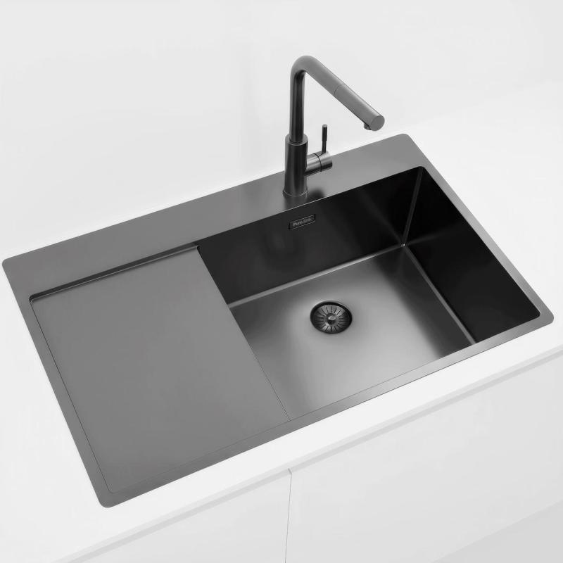 Pure.Sink Exclusivo Gun Metal spoelbak met afdruipgedeelte 86x52 cm Tapwing rechts PEX5086RT-61