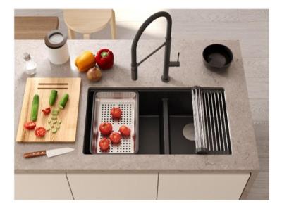 Quadri Newport II Dubbele Grijze Graniet Onderbouw Spoelbak 702 x 390 mm met Koperen plug 1208971375