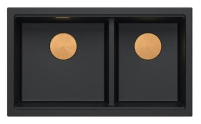 Quadri Newport II Dubbele Zwarte Graniet Onderbouw Spoelbak 702 x 390 mm met Koperen plug 1208971376