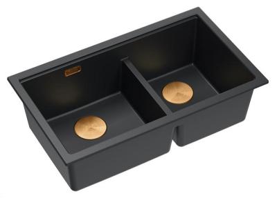 Quadri Newport II Dubbele Zwarte Graniet Onderbouw Spoelbak 702 x 390 mm met Koperen plug 1208971376