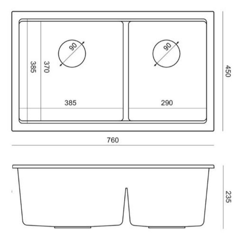 Quadri Newport II Dubbele Grijze Graniet Onderbouw Spoelbak 702 x 390 mm met Gouden plug 1208971380