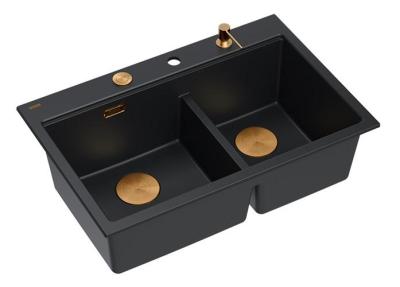 Quadri Hard Rock Dubbele Zwarte Graniet Opbouw Spoelbak 76x50 cm met Koperen plug en accessoires 1208971390