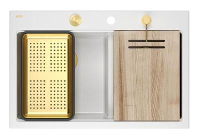 Quadri Hard Rock Dubbele Witte Graniet Opbouw Spoelbak 76x50 cm met Gouden plug en accessoires 1208971392