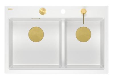 Quadri Hard Rock Dubbele Witte Graniet Opbouw Spoelbak 76x50 cm met Gouden plug en accessoires 1208971392