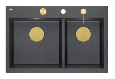 Quadri Hard Rock Dubbele Antraciet Graniet Opbouw Spoelbak 76x50 cm met Gouden plug en accessoires 1208971393