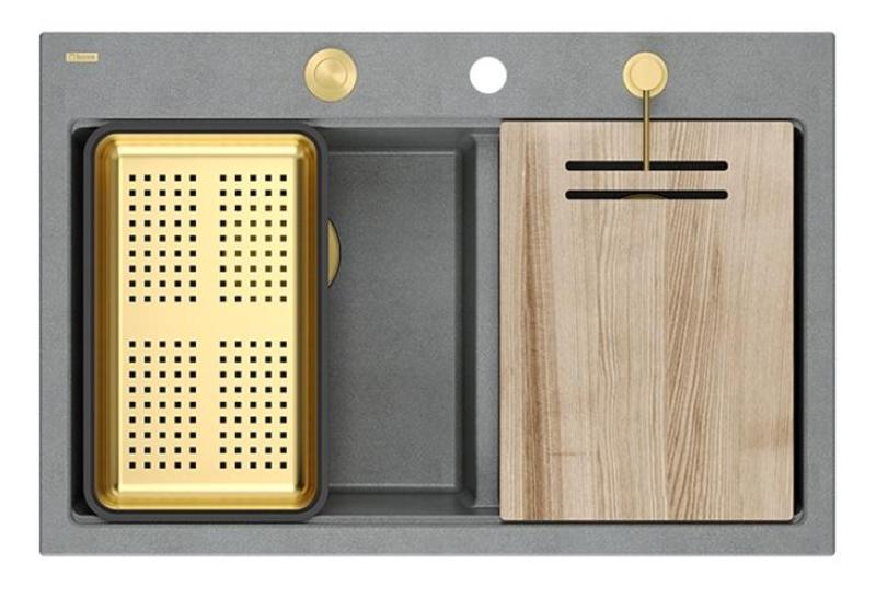 Quadri Hard Rock Dubbele Grijze Graniet Opbouw Spoelbak 76x50 cm met Gouden plug en accessoires 1208971394