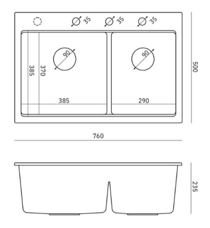Quadri Hard Rock Dubbele Zwarte Graniet Opbouw Spoelbak 76x50 cm met RVS plug en accessoires 1208971401