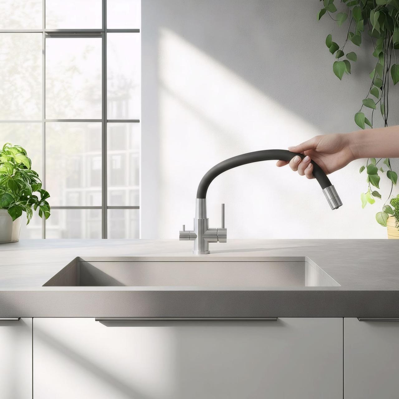 Quadri Selene Keukenmengkraan RVS 3-weg met flexibele uitloop en extra aansluiting voor gefilterd water 1208971407 - Productafbeelding 2