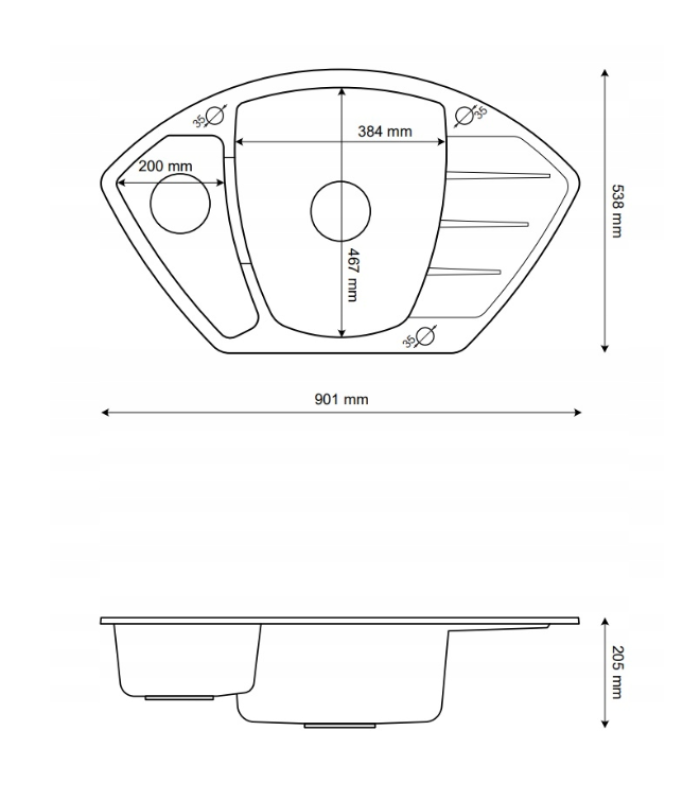 Graniteland Monte Granieten zwarte Hoekspoelbak opbouw 901x538mm met RVS Plug 1208971413