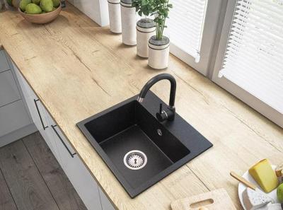 Graniteland Nera Granieten Spoelbak 45x42 cm Arduin hardsteen look Opbouw met Kraangatbank en RVS Plug 1208971432