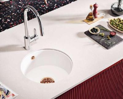 Ausmann Ceramic Ember Keramische Witte Ronde Spoelbak Opbouw en Onderbouw met Koperen plug 1208971462