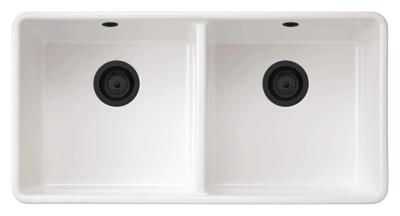 Ausmann Ceramic Mira Keramische Witte Dubbelle Spoelbak - Onderbouw en Tussenbouw 890 x 456 mm met Zwarte pluggen 1208971474