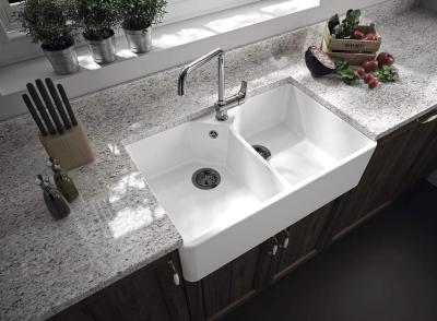 Ausmann Ceramic Mira Keramische Witte Dubbelle Spoelbak - Onderbouw en Tussenbouw 793 x 450 mm met kraangatbank en Gun metal plug 1208971478