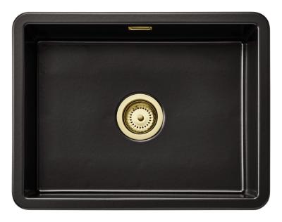 Ausmann Ceramic Ember Keramische Mat Zwarte Spoelbak - Opbouw en Onderbouw 54 x 40 cm met Gouden plug 1208971496