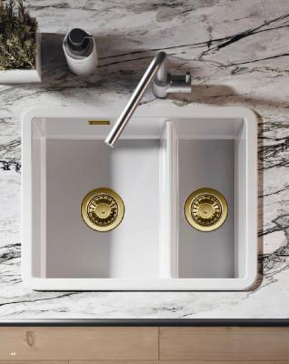 Ausmann Ceramic Ember Keramische Witte Anderhalve Spoelbak Opbouw en Onderbouw 535 x 400 mm met Gouden pluggen 1208971506