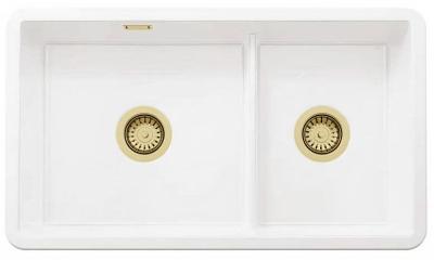 Ausmann Ceramic Ember Keramische Witte Anderhalve Spoelbak Opbouw en Onderbouw 733 x 401 mm met Gouden pluggen 1208971518